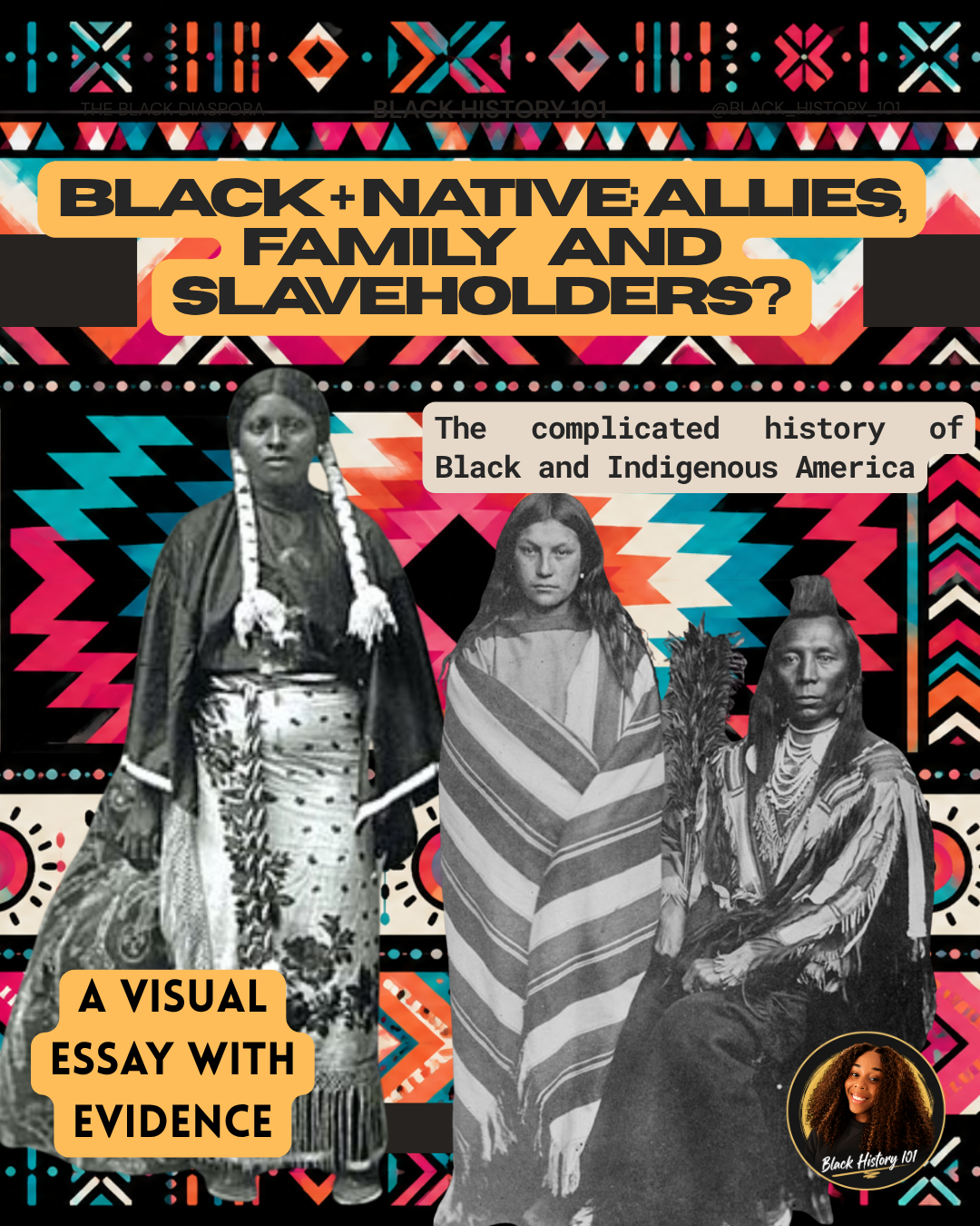 Cover artwork for the visual essay Black + Native: Allies, Family and Slaveholders?